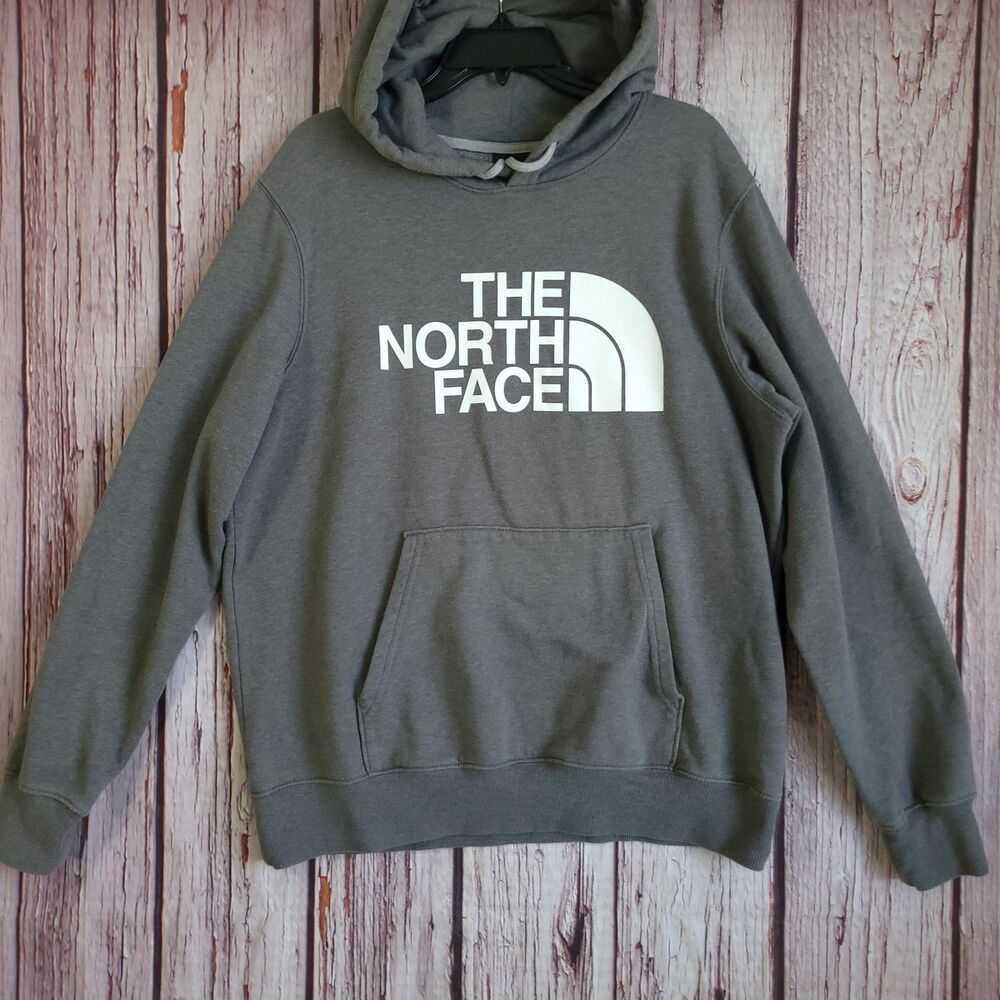The North Face Mens L Gray Fleece Pullover Hoodie Graphic Logo Kangaroo Pocket